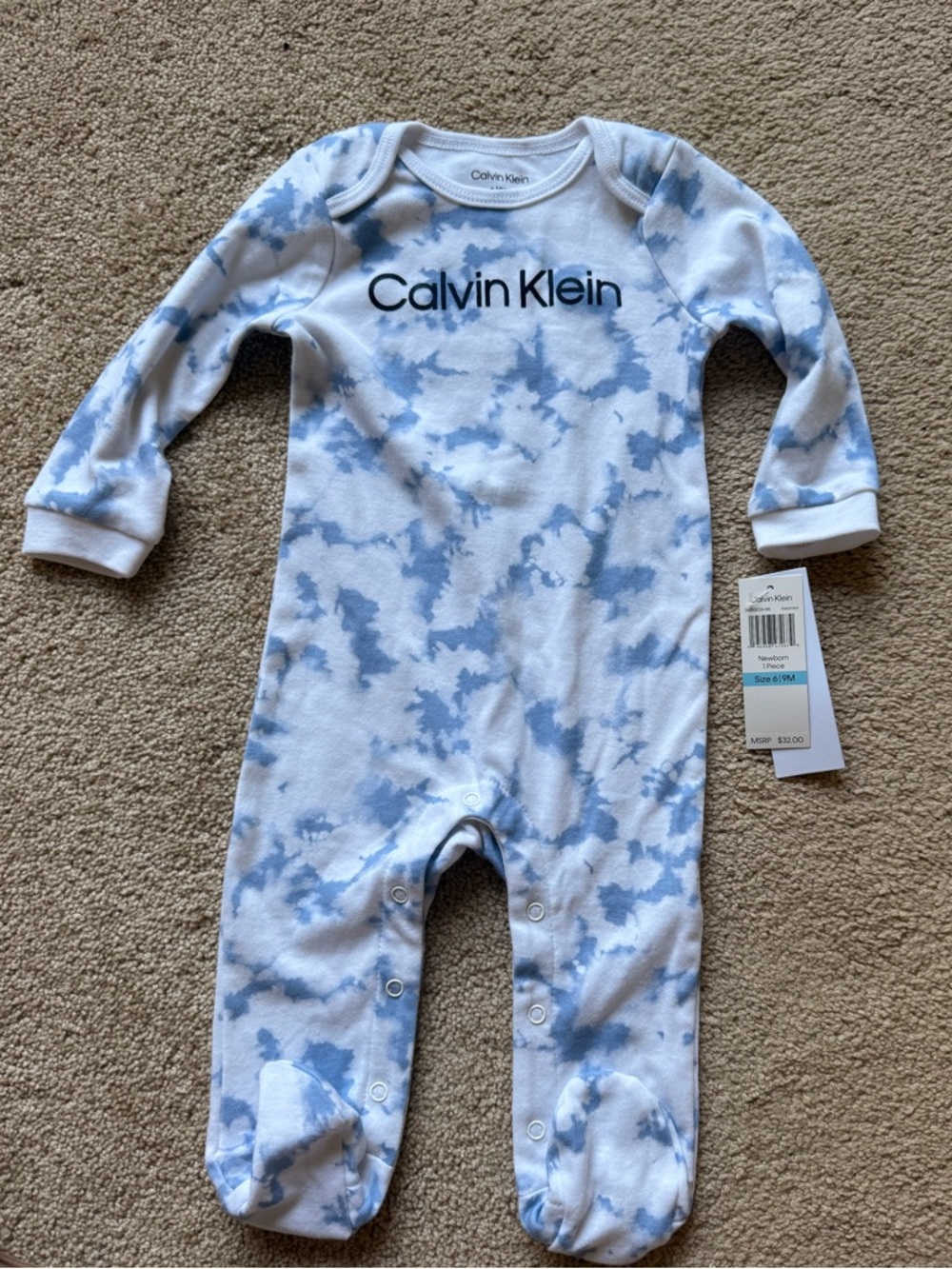 Calvin Klein White and Light Blue Tie-Dye Footed One-Piece